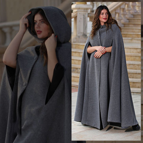 Victorian Wool Cape with Hood & Arm Slits – Inspired by Medieval Elegance