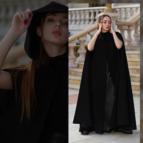 Victorian Wool Cape with Hood & Arm Slits – Inspired by Medieval Elegance