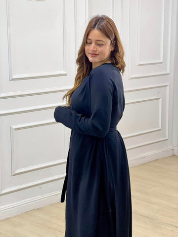 Wrap-Style Linen Dress with Wide Belt & Side Pockets – Loose Fit with Full Sleeves