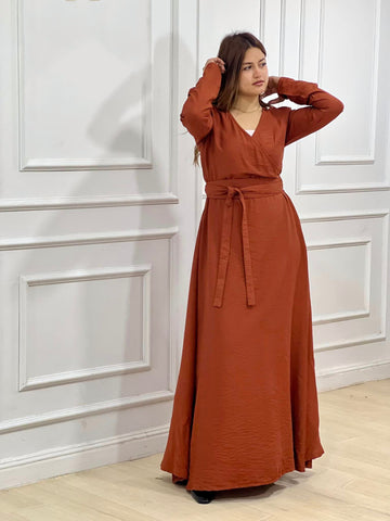 Wrap-Style Linen Dress with Wide Belt & Side Pockets – Loose Fit with Full Sleeves