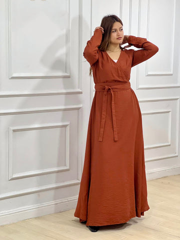 Wrap-Style Linen Dress with Wide Belt & Side Pockets – Loose Fit with Full Sleeves