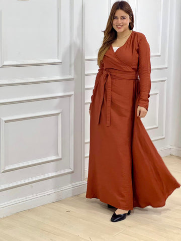 Wrap-Style Linen Dress with Wide Belt & Side Pockets – Loose Fit with Full Sleeves