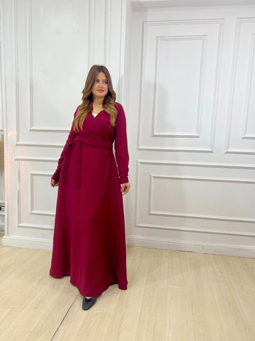 Wrap-Style Linen Dress with Wide Belt & Side Pockets – Loose Fit with Full Sleeves