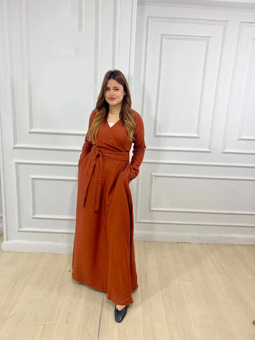 Wrap-Style Linen Dress with Wide Belt & Side Pockets – Loose Fit with Full Sleeves