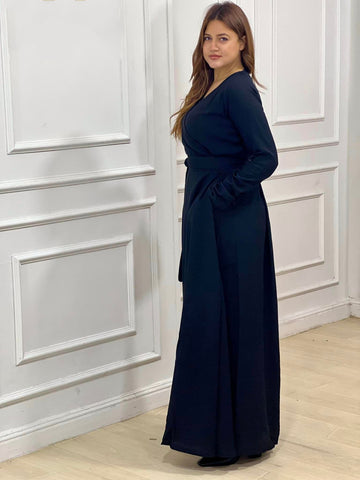 Wrap-Style Linen Dress with Wide Belt & Side Pockets – Loose Fit with Full Sleeves