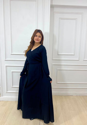 Wrap-Style Linen Dress with Wide Belt & Side Pockets – Loose Fit with Full Sleeves