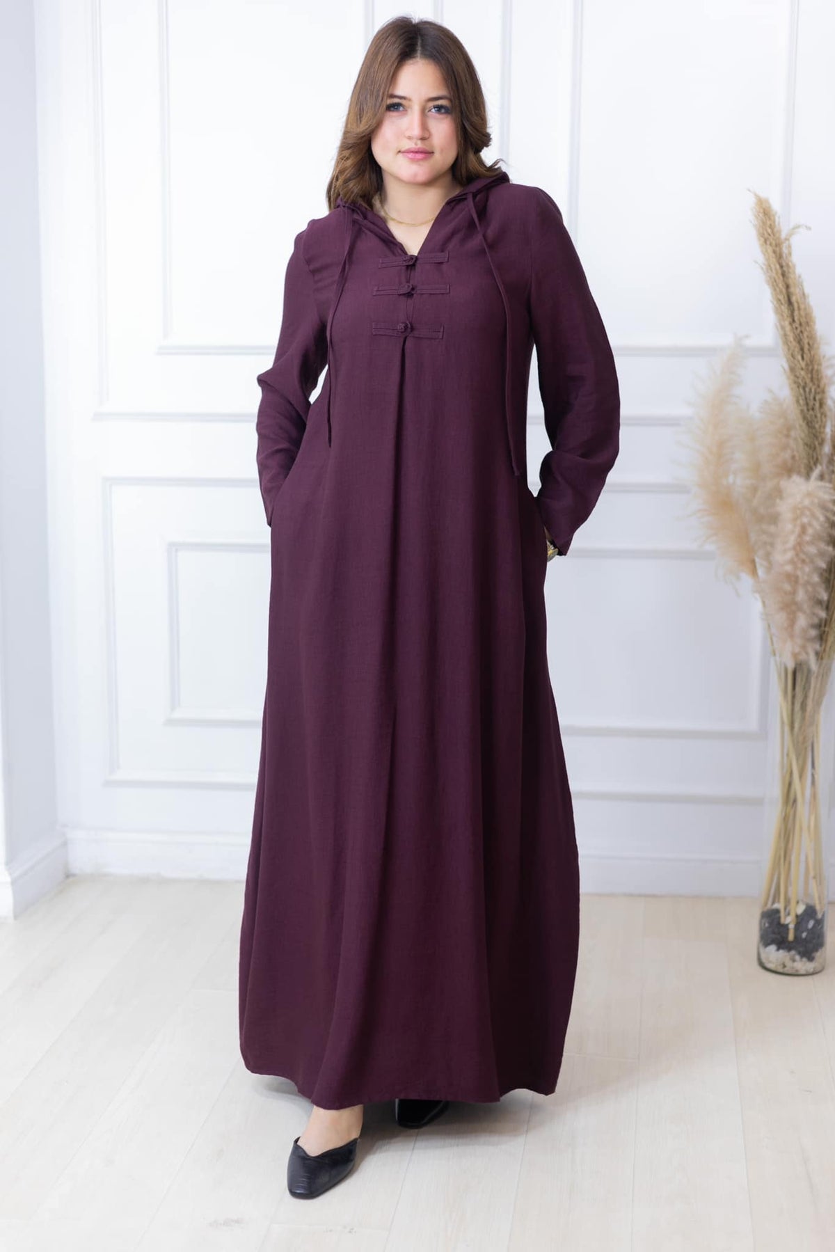 Handmade Buttoned Linen Kaftan with Side Pockets – Purple, Beige & Black | All Sizes