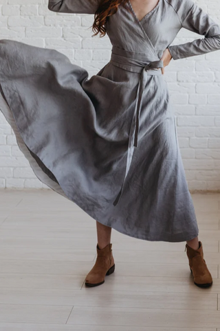 Wrap-Top Linen Maxi Dress with Double Flared Skirt & Wide Belt – 7 Elegant Colors