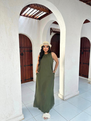 Sleeveless Linen Dress with Side Pockets & Back Zipper – All-Season Essential | White, Black, Beige, Olive