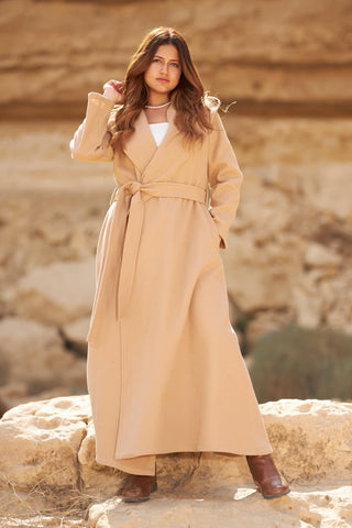 Wool Coat with Side Pockets, Rever Collar & Detachable Belt – Elegant & Warm for Winter  Long  Coat