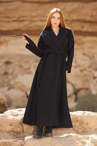 Wool Coat with Side Pockets, Rever Collar & Detachable Belt – Elegant & Warm for Winter  Long  Coat