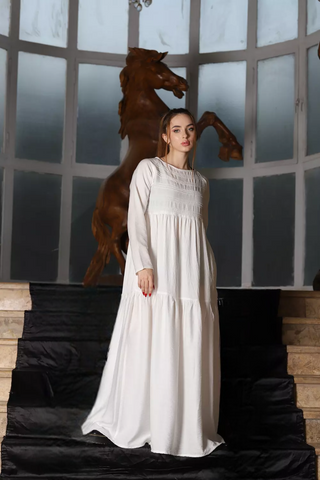 Long Sleeve Maxi Linen Dress - Linen Pocket Dress – White & Khaki