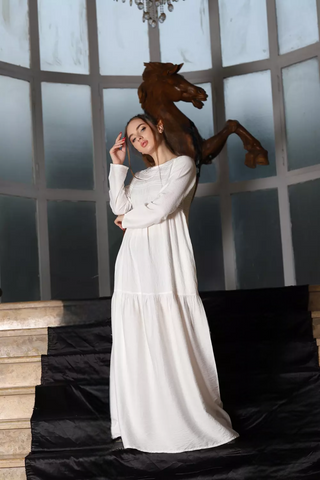 Long Sleeve Maxi Linen Dress - Linen Pocket Dress – White & Khaki