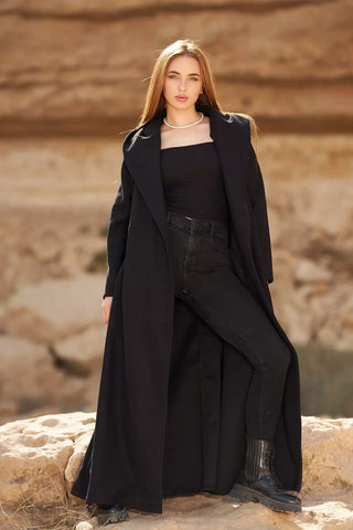 Wool Coat with Side Pockets, Rever Collar & Detachable Belt – Elegant & Warm for Winter  Long  Coat