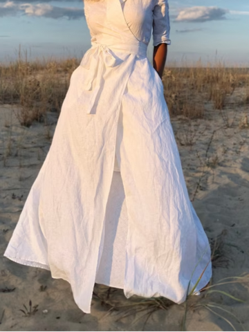 Linen Dress with Side Pockets, Detachable Belt & Chest Lapel – White & Khaki