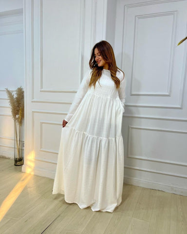 Long Sleeve Maxi Linen Dress - Linen Pocket Dress – White & Khaki
