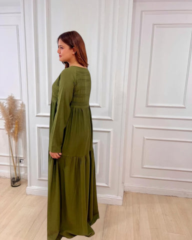 Long Sleeve Maxi Linen Dress - white and Army green