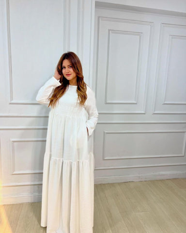 Long Sleeve Maxi Linen Dress - Linen Pocket Dress – White & Khaki