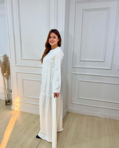 Long Sleeve Maxi Linen Dress - white and Army green