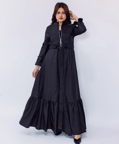 Varna Fabric Long Dress with Side Pockets, Metal Zipper & Inner Waist Tie – Black & Olive