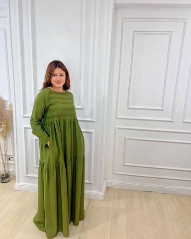 Long Sleeve Maxi Linen Dress - white and Army green