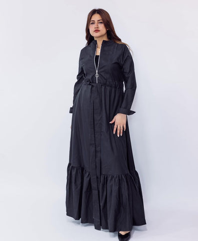 Varna Fabric Long Dress with Side Pockets, Metal Zipper & Inner Waist Tie – Black & Olive