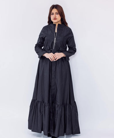 Varna Fabric Long Dress with Side Pockets, Metal Zipper & Inner Waist Tie – Black & Olive