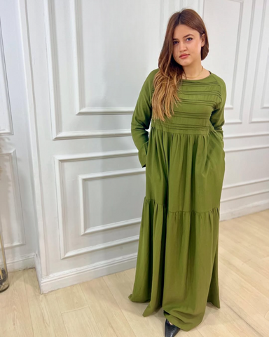 Long Sleeve Maxi Linen Dress - white and Army green