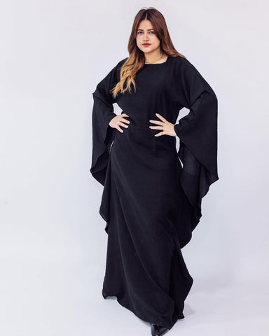 Unique Arabic-Style Linen Maxi Dress with Long Sleeves – Black & Brown | عيون