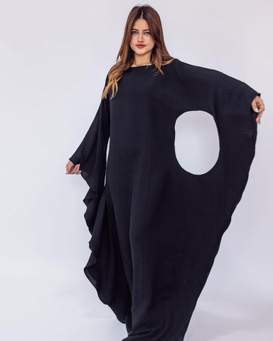 Unique Arabic-Style Linen Maxi Dress with Long Sleeves – Black & Brown | عيون