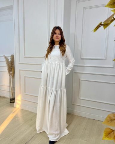 Long Sleeve Maxi Linen Dress - Linen Pocket Dress – White & Khaki