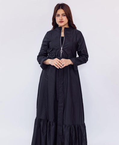 Varna Fabric Long Dress with Side Pockets, Metal Zipper & Inner Waist Tie – Black & Olive