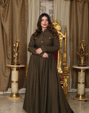 Linen Shirt Dress with Front & Side Pockets, Button-Down Chest & Detachable Belt – Black & Olive