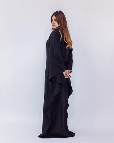 Unique Arabic-Style Linen Maxi Dress with Long Sleeves – Black & Brown | عيون