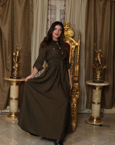 Linen Shirt Dress with Front & Side Pockets, Button-Down Chest & Detachable Belt – Black & Olive