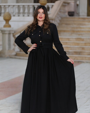 Linen Shirt Dress with Front & Side Pockets, Button-Down Chest & Detachable Belt – Black & Olive