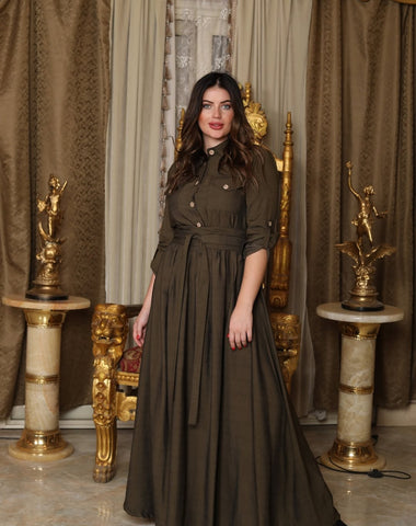 Linen Shirt Dress with Front & Side Pockets, Button-Down Chest & Detachable Belt – Black & Olive