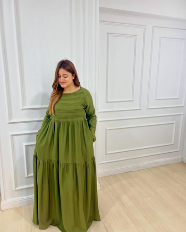 Long Sleeve Maxi Linen Dress - white and Army green