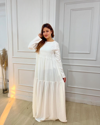 Long Sleeve Maxi Linen Dress - Linen Pocket Dress – White & Khaki