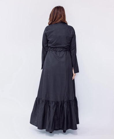 Varna Fabric Long Dress with Side Pockets, Metal Zipper & Inner Waist Tie – Black & Olive