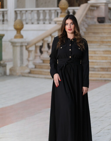 Linen Shirt Dress with Front & Side Pockets, Button-Down Chest & Detachable Belt – Black & Olive