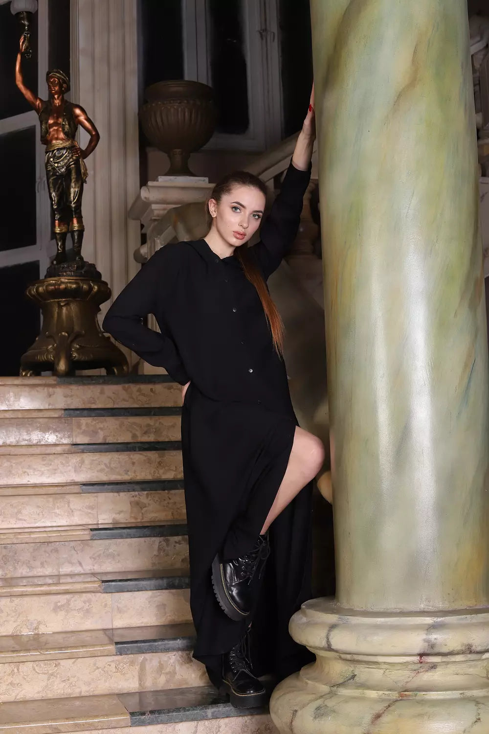 Black Linen Kaftan with Front Buttons & Hood – Wear Open or Closed | Side Pockets