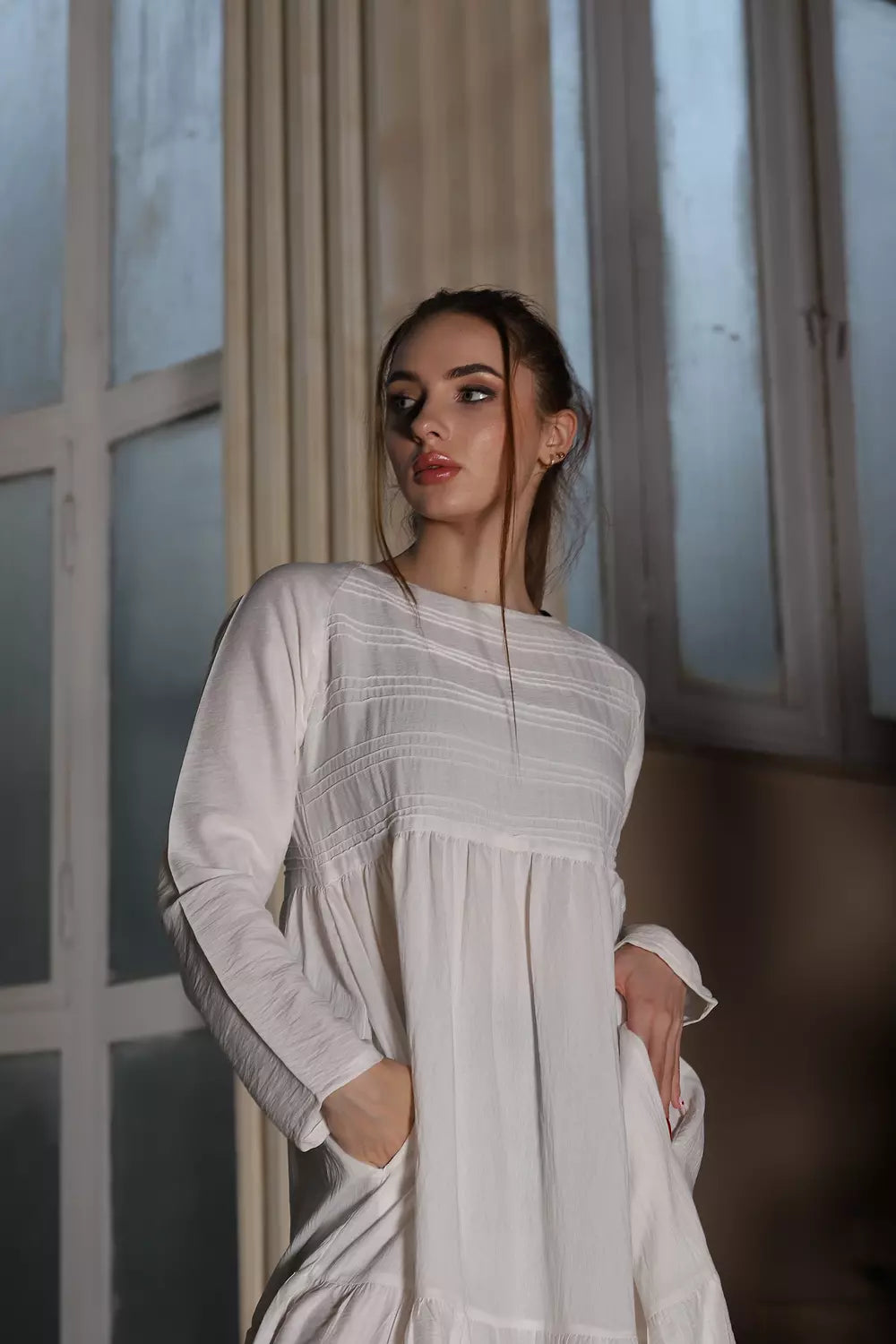 Long Sleeve Maxi Linen Dress - Linen Pocket Dress – White & Khaki