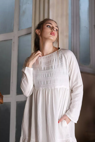 Long Sleeve Maxi Linen Dress - Linen Pocket Dress – White & Khaki