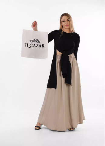 Two-Piece Linen Set – Beige Zippered Skirt & Black Slitted Top for a Unique Modern Look
