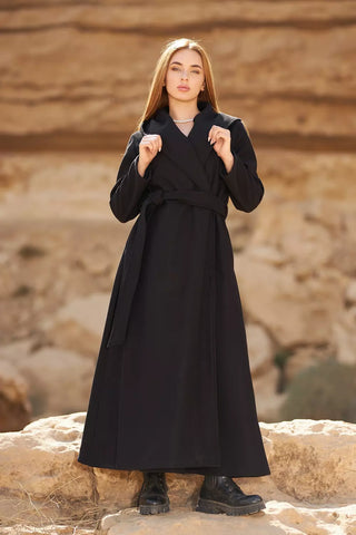 Wool Coat with Side Pockets, Rever Collar & Detachable Belt – Elegant & Warm for Winter  Long  Coat