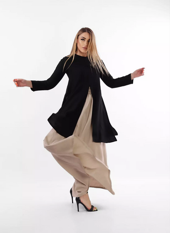 Two-Piece Linen Set – Beige Zippered Skirt & Black Slitted Top for a Unique Modern Look