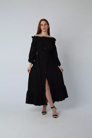 Off-Shoulder Linen Dress with Full Button Closure & Belt – White & Black