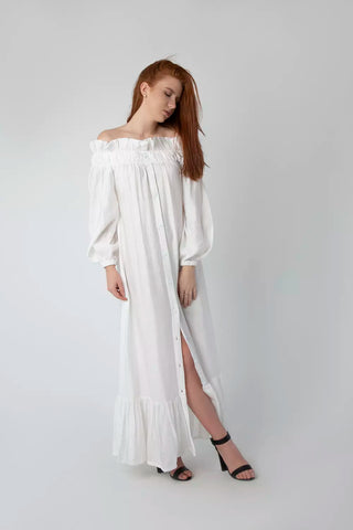 Off-Shoulder Linen Dress with Full Button Closure & Belt – White & Black