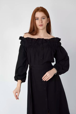 Off-Shoulder Linen Dress with Full Button Closure & Belt – White & Black